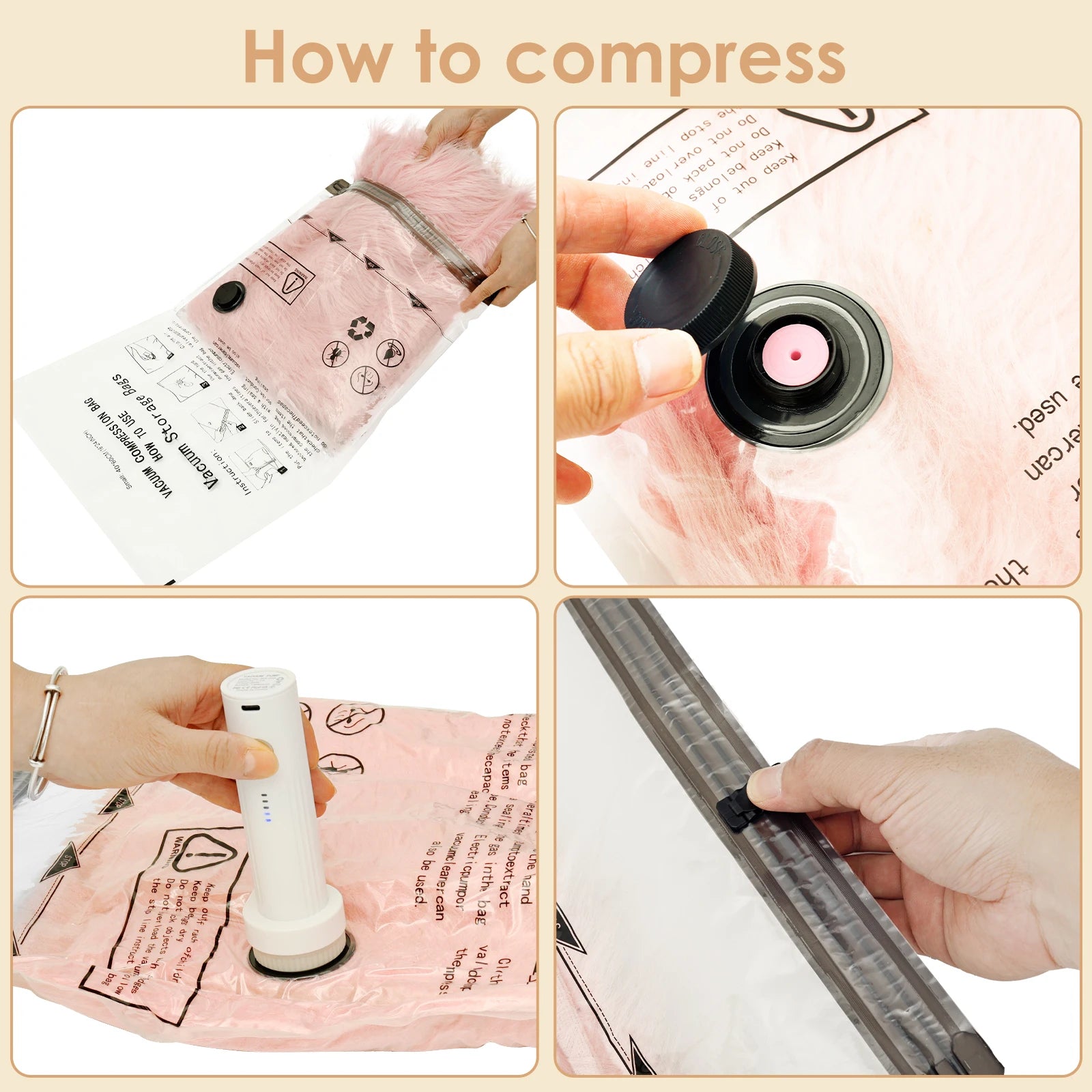 8Pcs Vacuum Storage Bags with USB Electric Pump Rapid Compression Double Zipper Lock Triple Seal Compression Bag for Luggage
