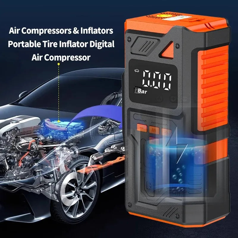 Portable Car Jump Starter with Air Pump 5000A Peak, 10.5 Bar Maximum Inflation Auto Tyre Inflator Battery Starters with LED