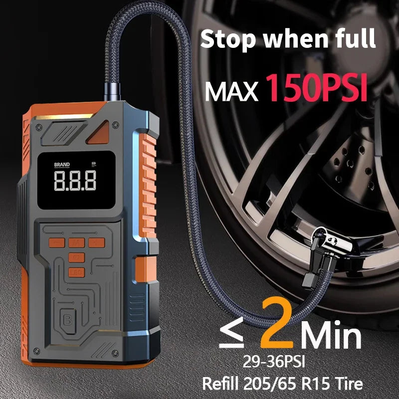 Portable Car Jump Starter with Air Pump 5000A Peak, 10.5 Bar Maximum Inflation Auto Tyre Inflator Battery Starters with LED