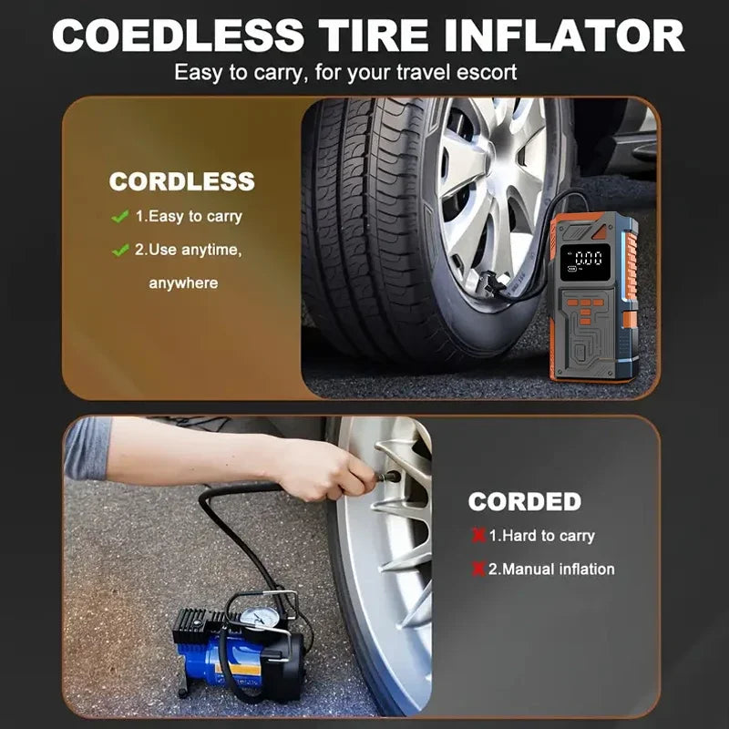 Portable Car Jump Starter with Air Pump 5000A Peak, 10.5 Bar Maximum Inflation Auto Tyre Inflator Battery Starters with LED