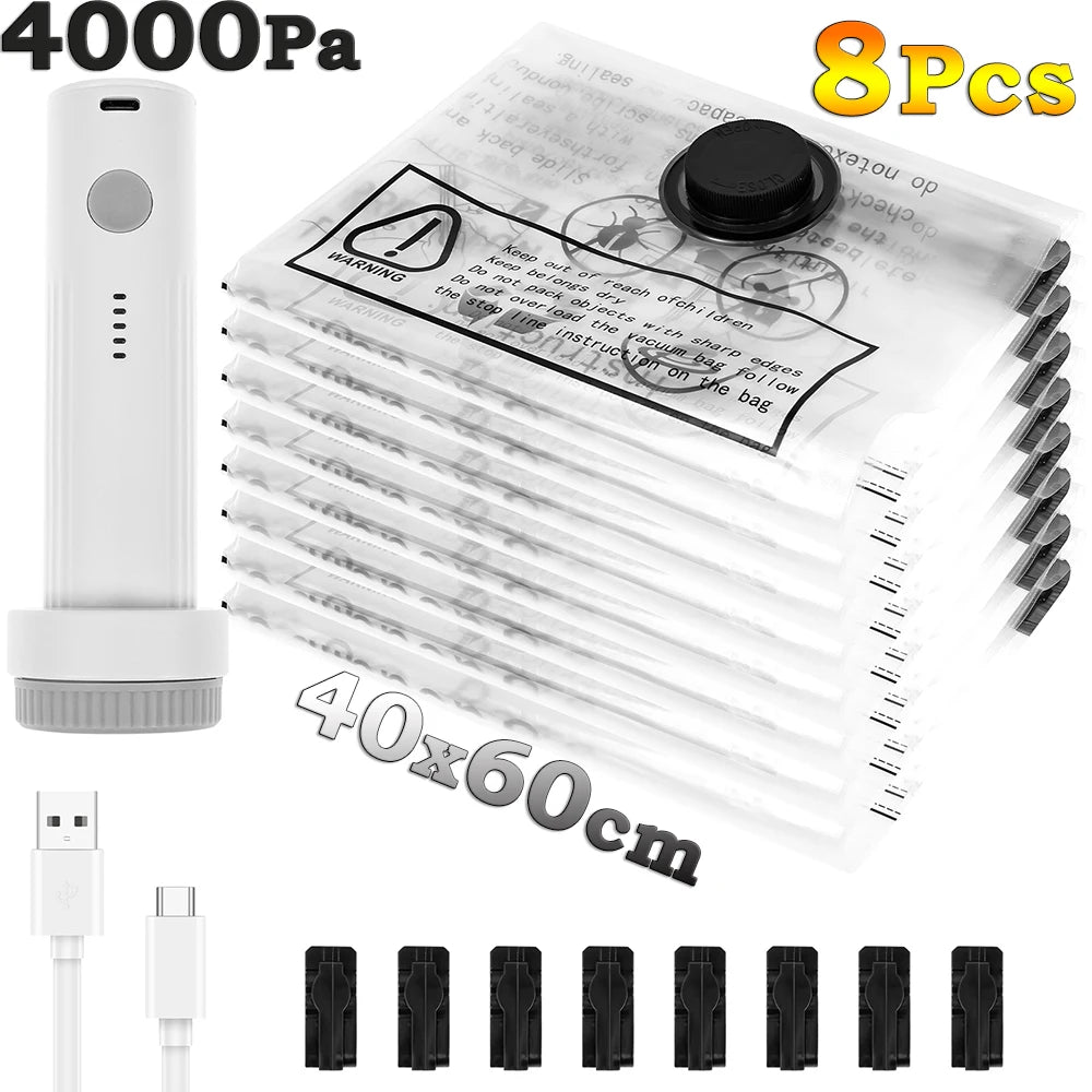 8Pcs Vacuum Storage Bags with USB Electric Pump Rapid Compression Double Zipper Lock Triple Seal Compression Bag for Luggage